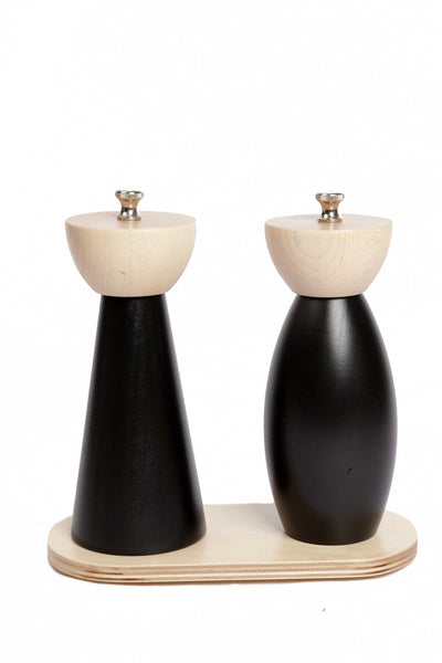 Duo moulins minimaliste et courbe noir et naturel sur socle