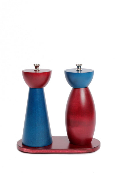 Duo moulins modèles minimaliste turquoise et courbe framboise sur socle