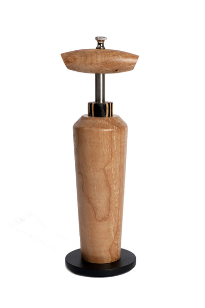 Shaker martini mill in maple burl on stand