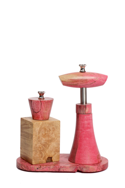 Duo moulins carrés et tire-bouchon stabilisés rose sur socle