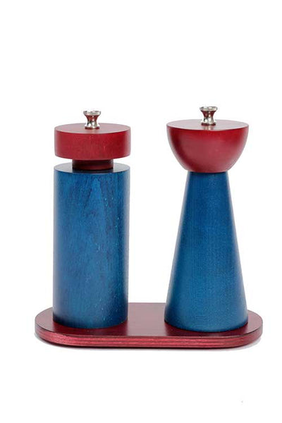 Duo moulins parfumeuse et minimaliste turquoise et framboise sur socle framboise