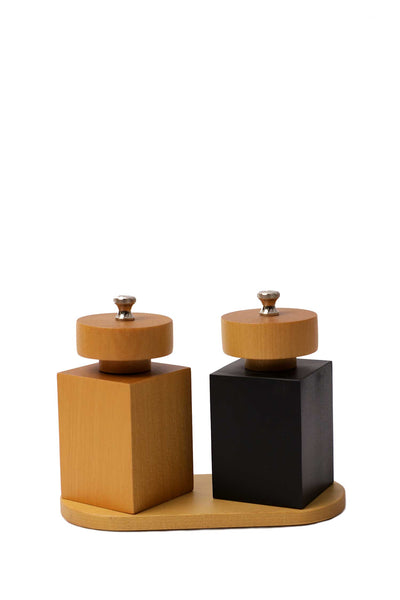 Duo moulins carrés en bois de citronnier sur socle