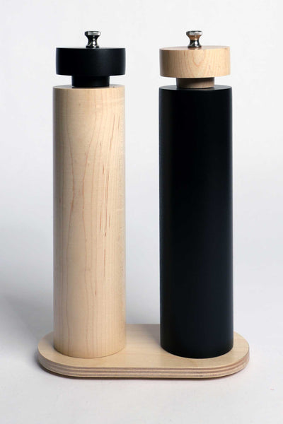 Natural and black perfume mill duo on stand 